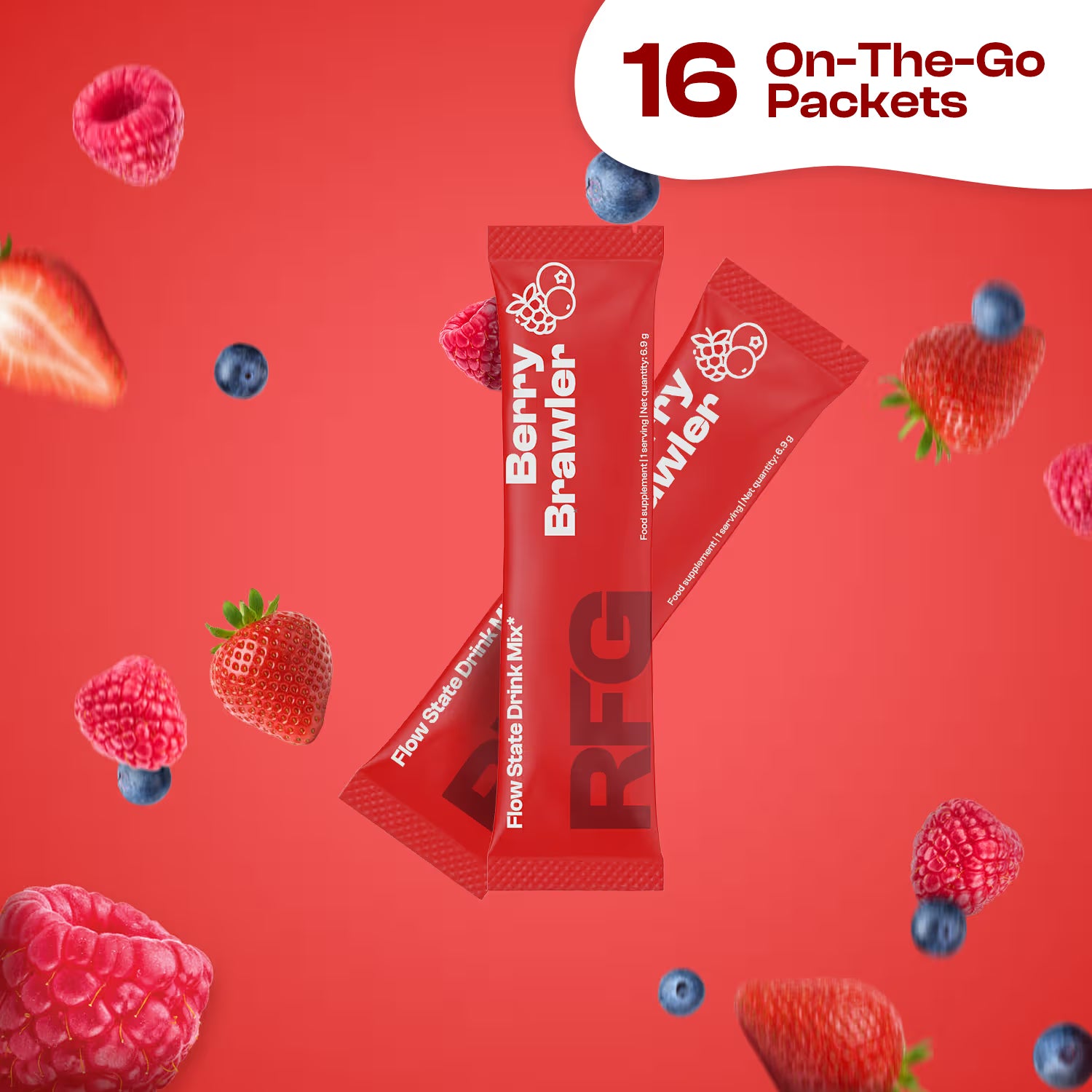 RFG Berry Brawler sticks surrounded by floating strawberries, blueberries, and raspberries on a red background promoting 16 on-the-go packets.