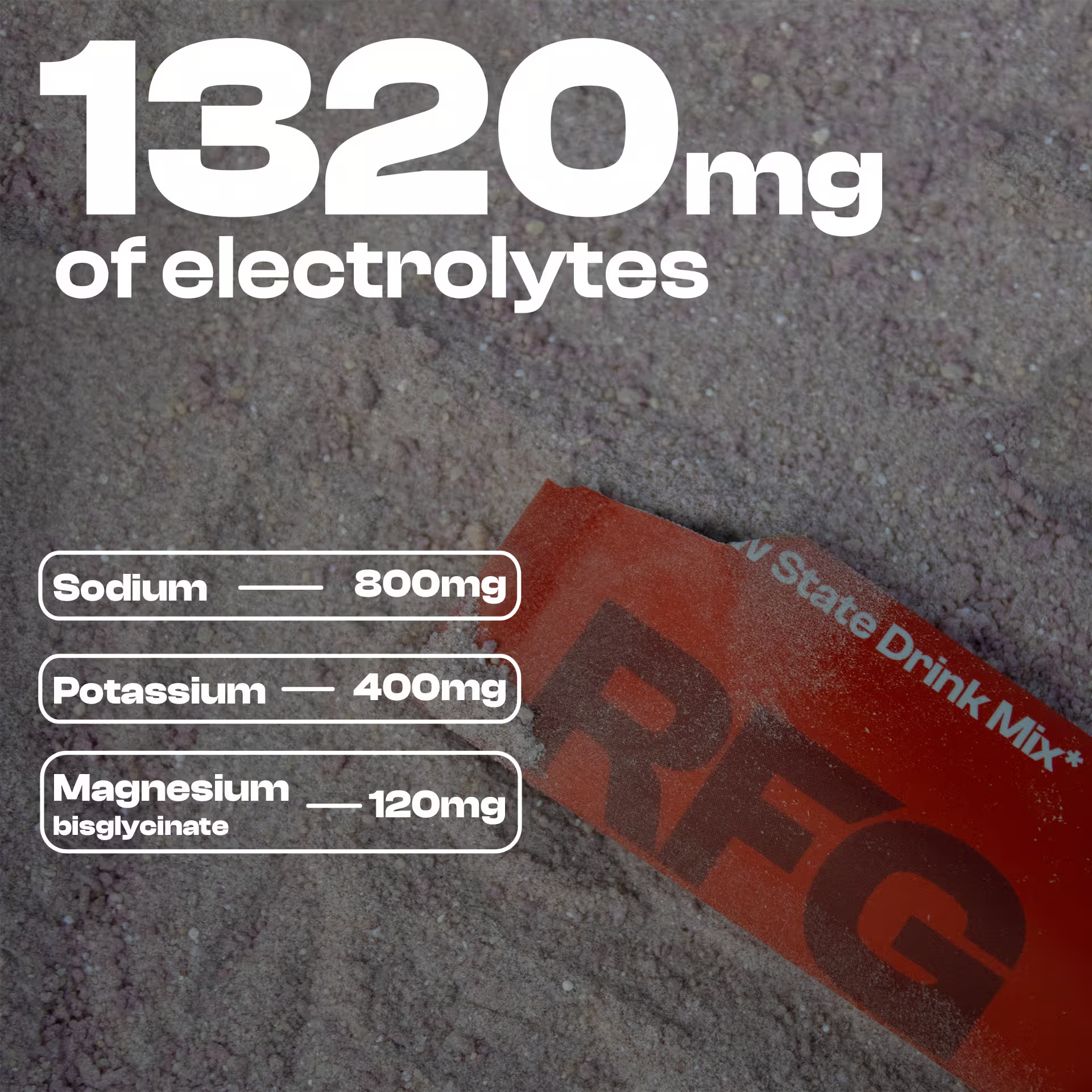Close-up of RFG stick sachet on more RFG powe with large text showing 1320 mg of electrolytes including sodium, potassium, and magnesium bisglycinate.