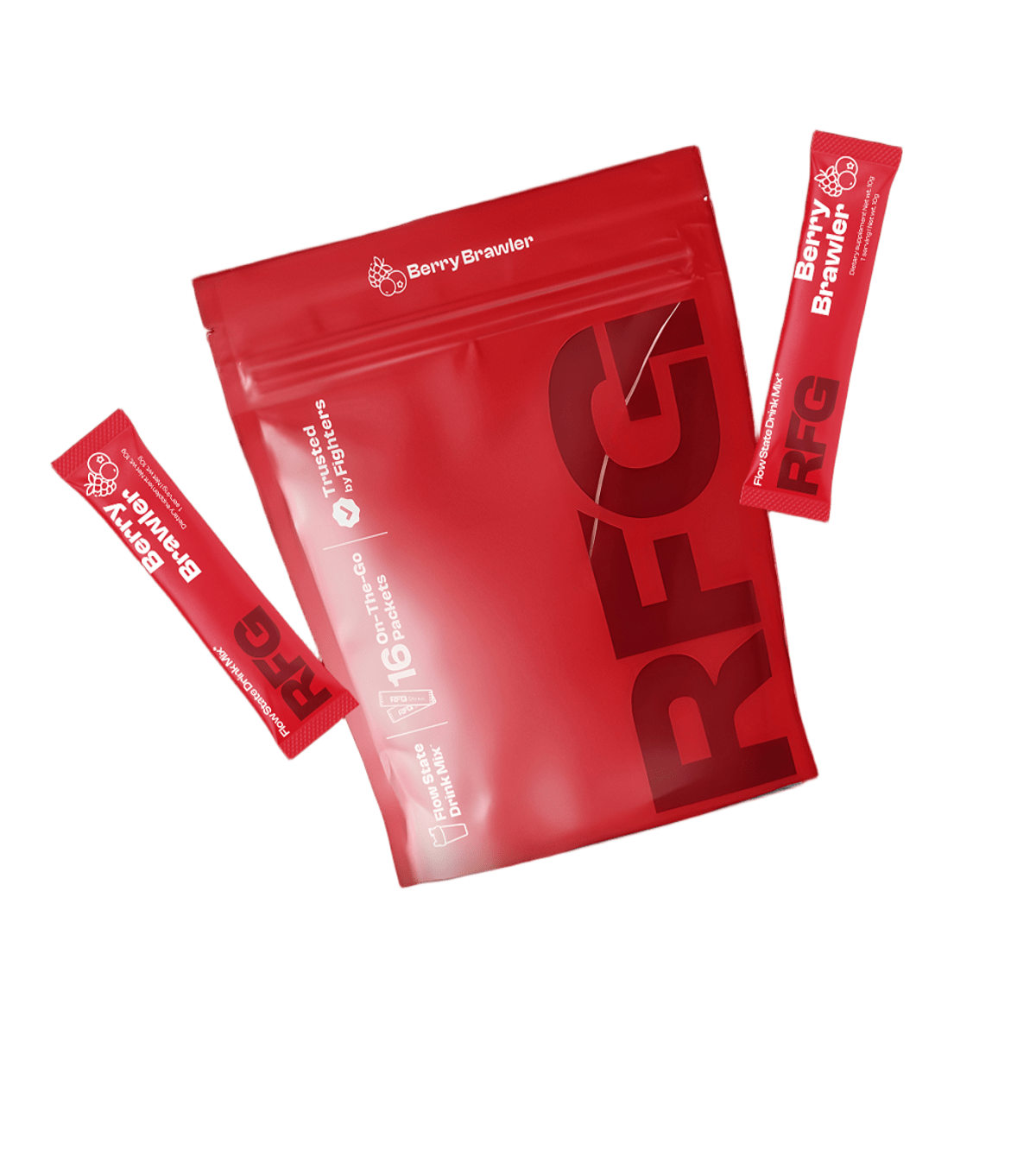 RFG pouch falling, slightly tilted next to slightly tilted RFG stick satchets.